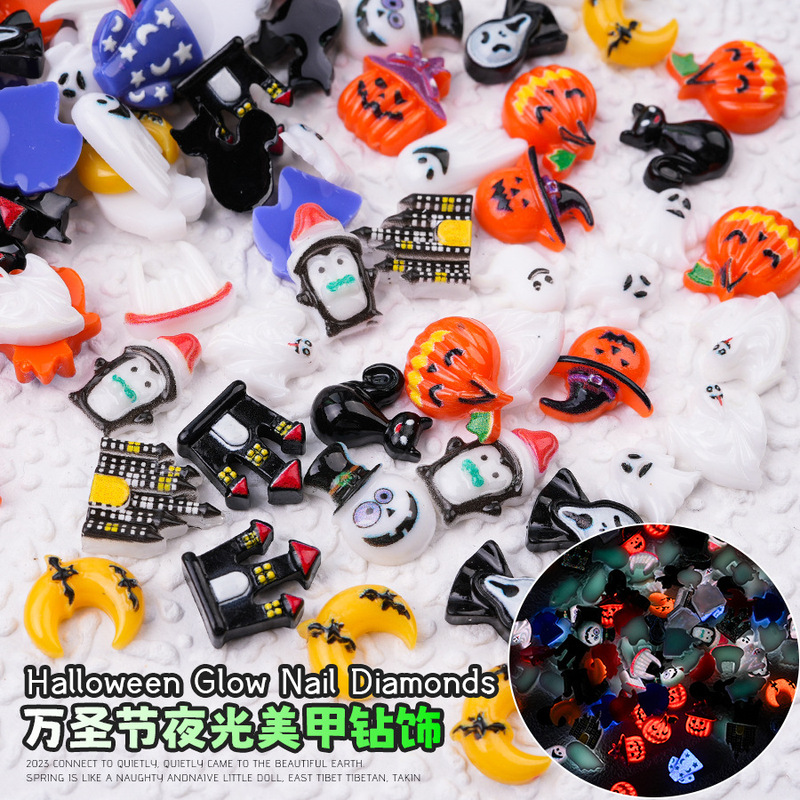 Cross-Border Popular Halloween Nail Art Accessories Mixed Resin Little Ghost Pumpkin Luminous Nail Decorations Wholesale