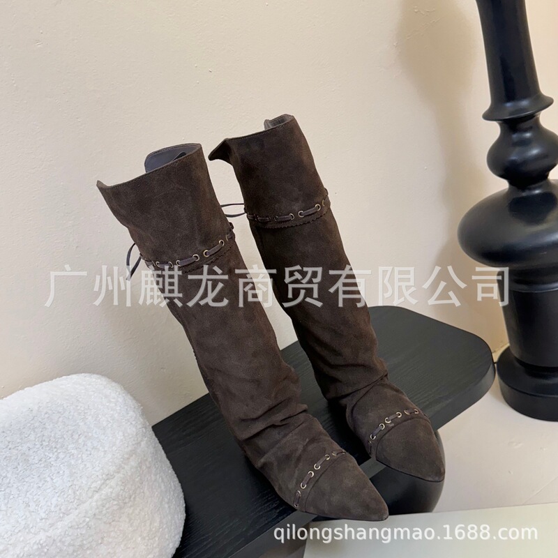 高端2025秋冬真皮复古不过膝西部牛仔靴两穿尖头长靴百搭堆堆靴子|undefined