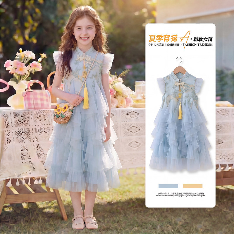 2026 Super Popular Girls' Dress Summer New Style Puffy Skirt National Style New Chinese Style Girls' Summer Dress Cheongsam Cake Skirt 2026 Super Popular Girls' Dress Summer New Style Puffy Skirt National Style New Chinese Style Girls' Summer Dress Cheongsam Cake Skirt