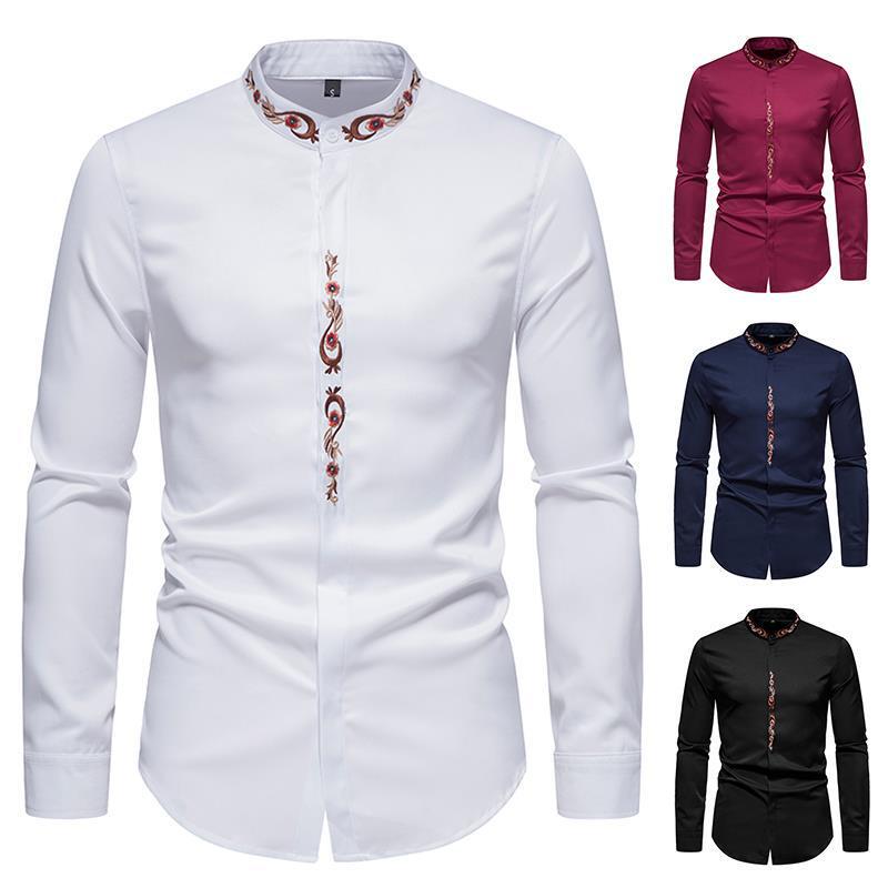 Foreign Trade Amazon Solid Color Embroidered Chinese Style Collar Shirt Slim-fit Formal Occasion Men's Men's Long Sleeve Shirt New