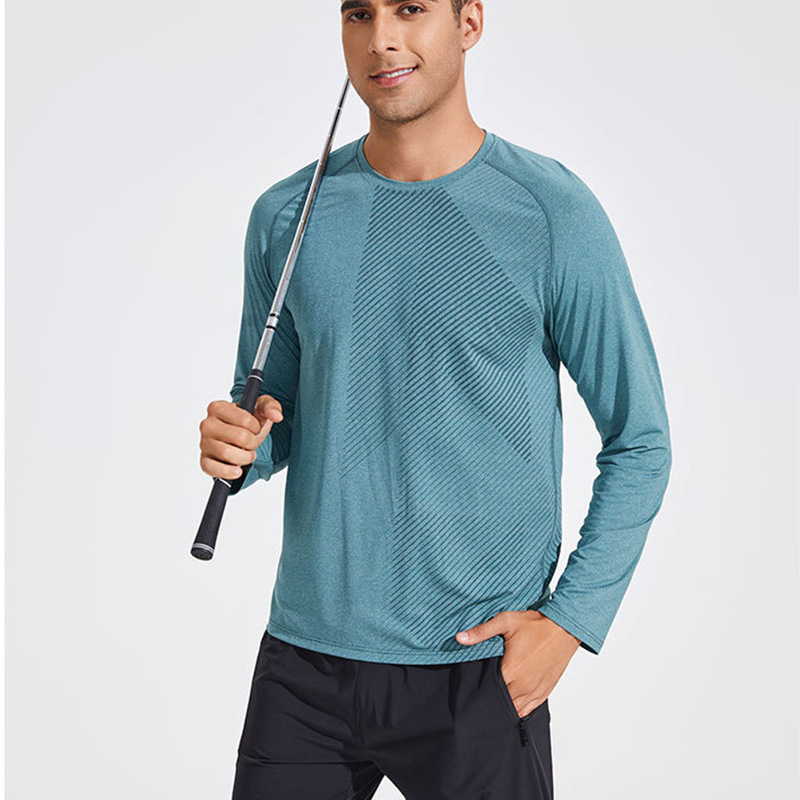 Primavera y otoño de los hombres al aire libre cuello redondo ropa de secado rápido deportes de manga larga casual transpirable suelta camiseta en stock impresión fija registro