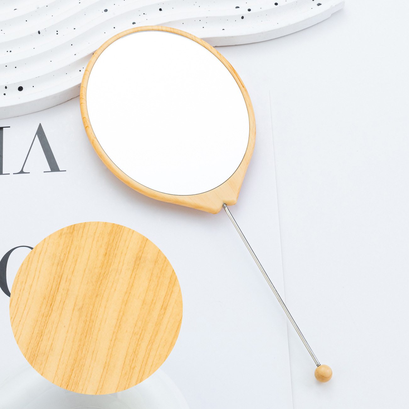 Espejo pequeño con cuentas de bricolaje, espejo de maquillaje portátil, espejo de grano de madera de mano ovalado, espejo de maquillaje con mango para niñas