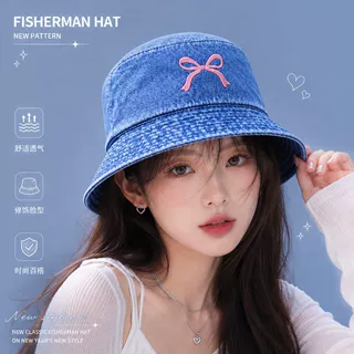 蝴蝶结牛仔渔夫帽子女韩系甜美百搭水桶帽显脸小宽檐防晒遮阳帽