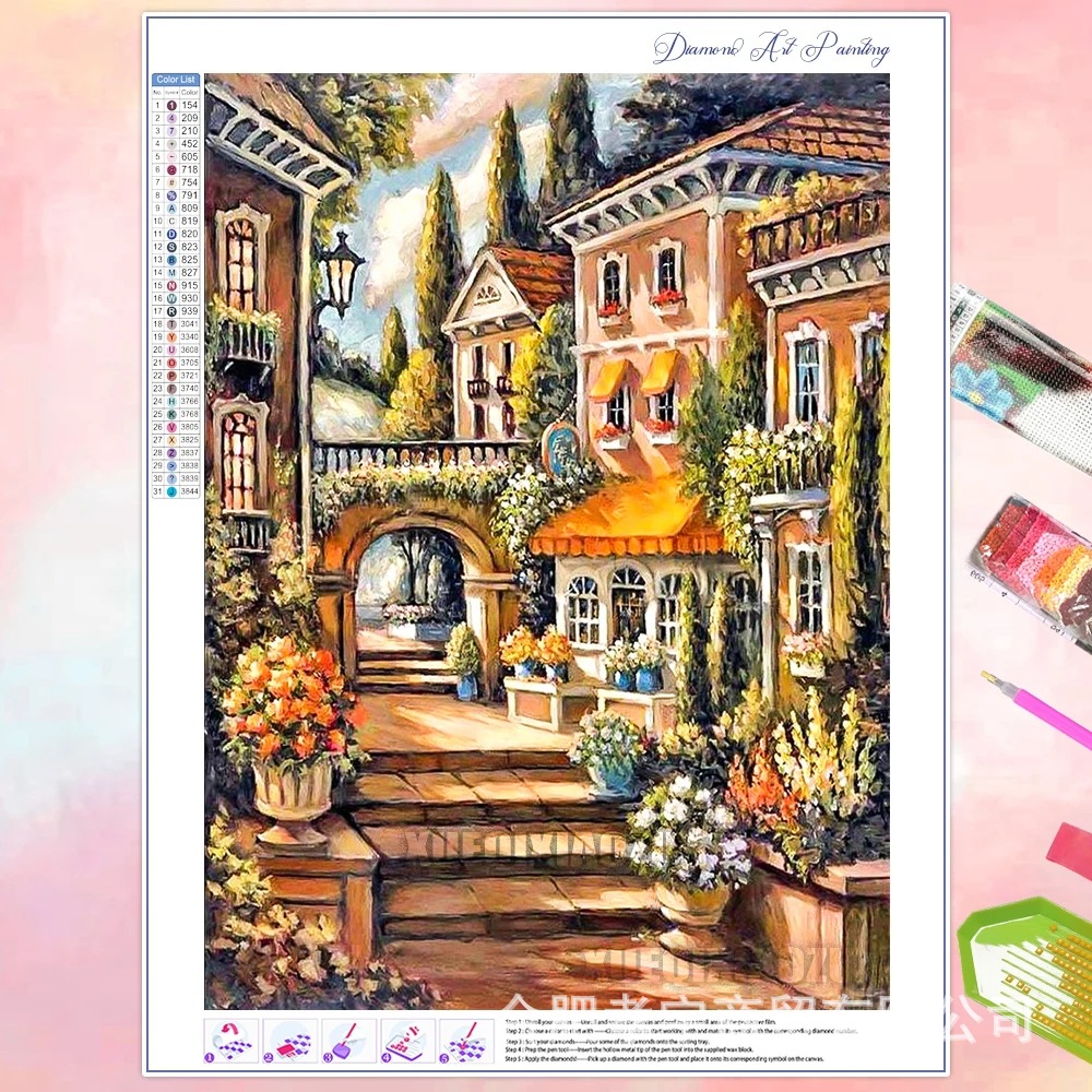 Venta caliente transfronteriza dibujos animados ciudad de bricolaje casa paisaje lleno de diamantes sala de estar dormitorio decoración pegatinas fabricante de pintura de diamantes