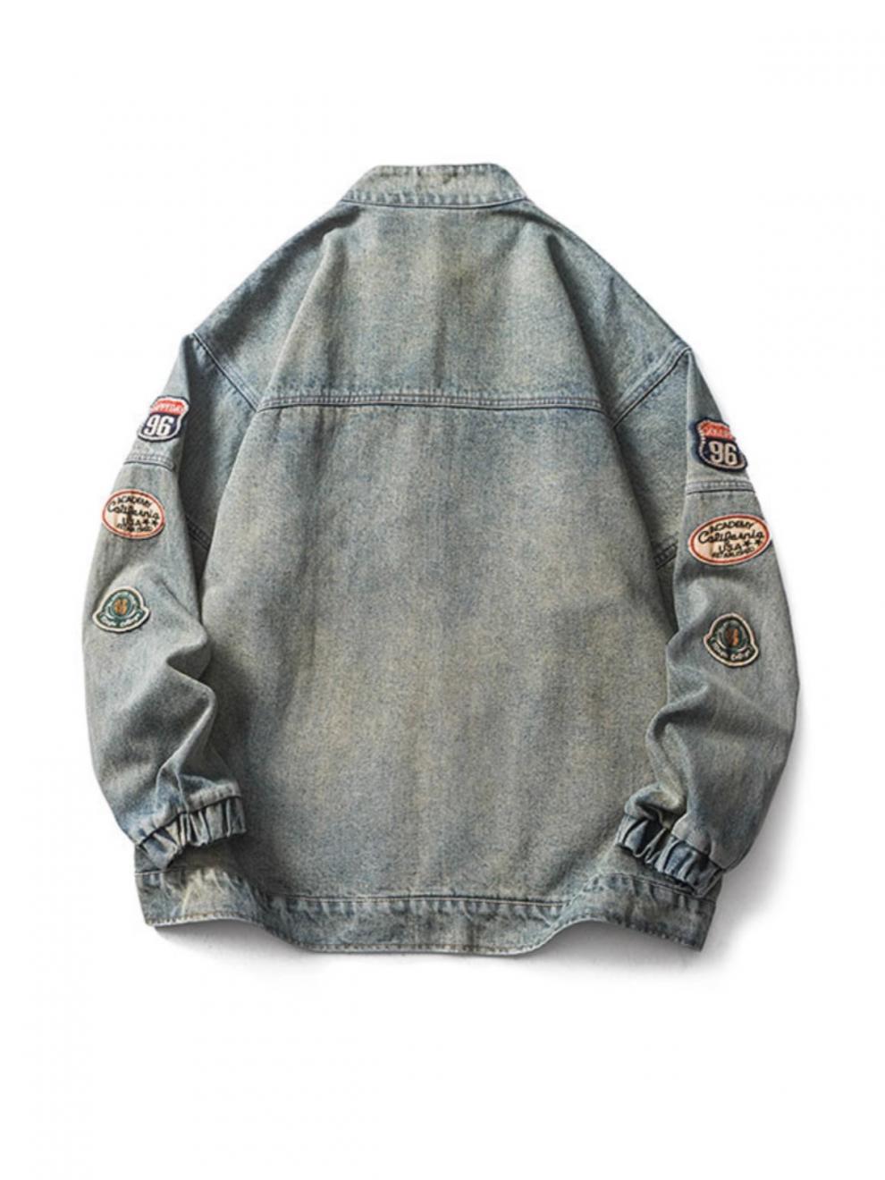 Men's Denim Jacket Motorcycle Style Retro Washed Blue Denim Top_voghion.com