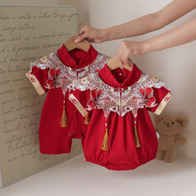 莱恩小宝原创夏款红色中国风宝宝连体衣满月百岁礼服0-1岁爬服