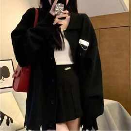 慵懒风复古黑色不规则角边毛衣开衫女学生秋冬韩版宽松针织衫外套