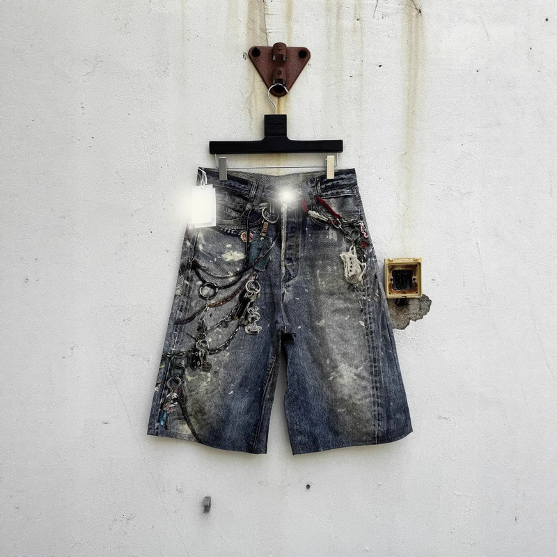 High Version AC Classic Candy Style 3D Printing Flower Wrong Picture Low Waist Loose Denim Shorts for Men and Women