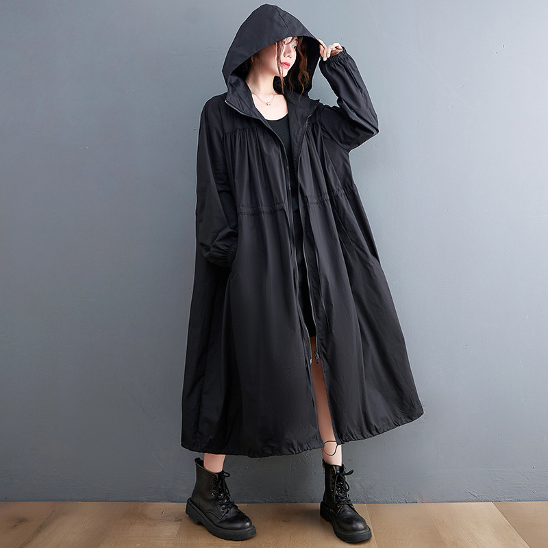 Real shot 2023 spring new fashion windbreaker all-match hooded tight waist plus size slimming long coat for women