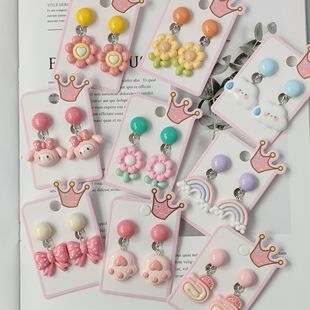 Korean style children's cute acrylic resin rainbow flower bow heart cartoon ear clip pendant student earrings