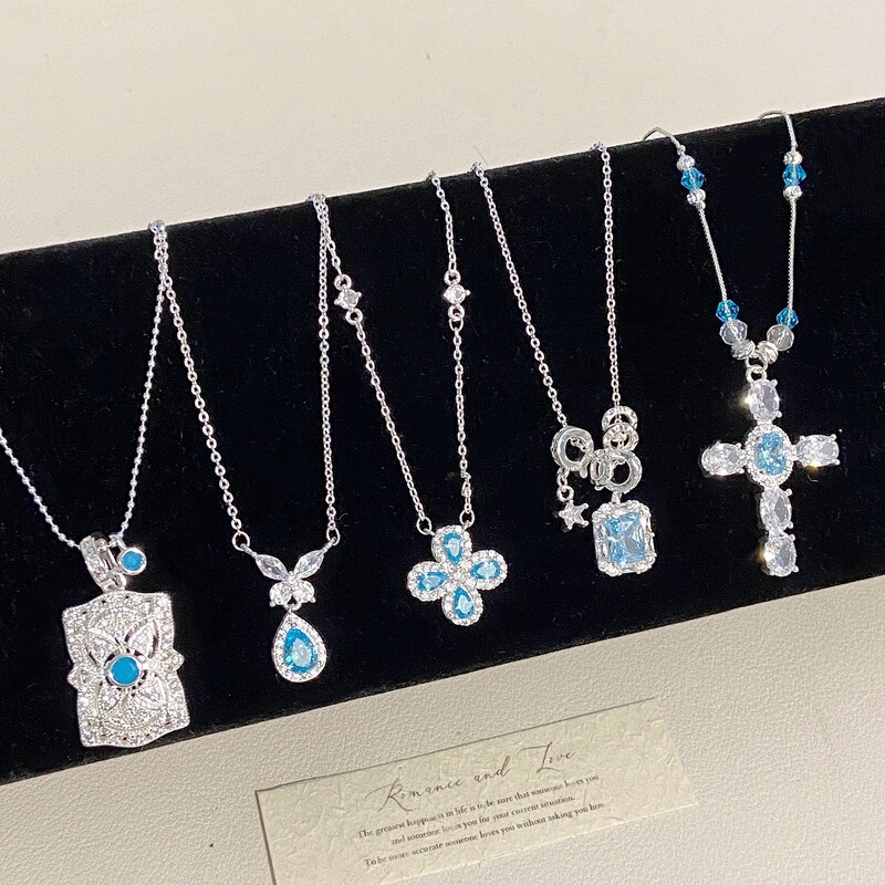 "Shiny Silver Blue Zircon Necklace Collection" - Luxurious Cross Cat's Eye Stone Four-Leaf Flower Clavicle Chain Exquisite Necklace for Women "Shiny Silver Blue Zircon Necklace Collection" - Luxurious Cross Cat's Eye Stone Four-Leaf Flower Clavicle Chain Exquisite Necklace for Women