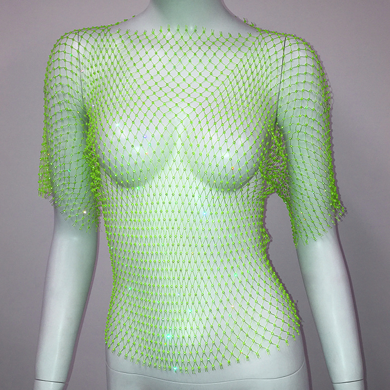 De Europa y América transfronteriza de las mujeres calientes de malla de diamantes de imitación red de pesca de manga larga Sexy Slim rhinestone Top party chica caliente de manga larga