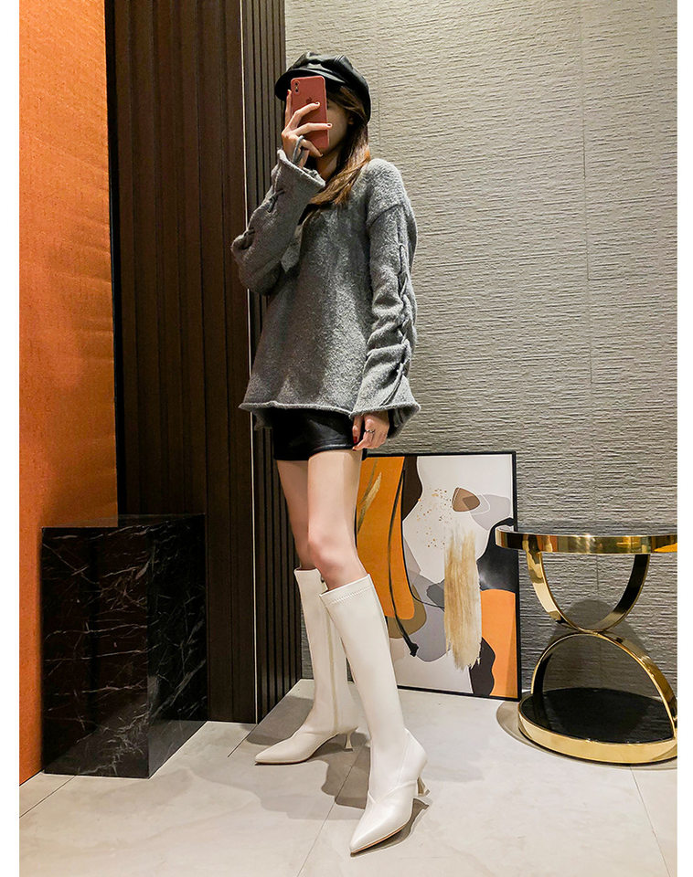 Bốt cao cổ nữ gót nhọn 6–8 cm kiểu kỵ sĩ khóa kéo bên, mũi nhọn — Màu nâu, Màu trắng, Màu đen, Màu trắng lót nhung chi tiết 7
