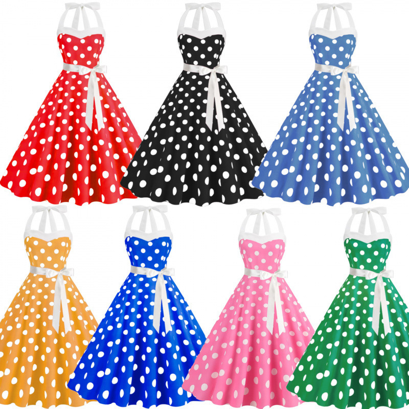 European and American Style Hepburn-Inspired Retro Polka Dot Tie-Back Halter Neck Large Hem Puffy Dress for Bridesmaids and Performances