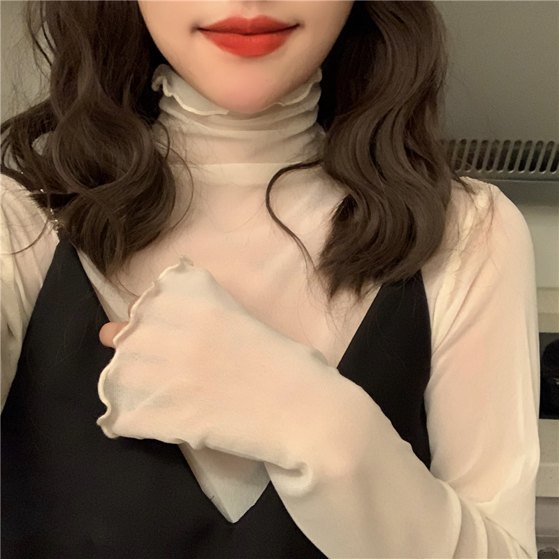 Slim-fit High Collar Long-sleeved Base Shirt Women's Spring Autumn and Winter Thin Mesh Top White Ear T-shirt Slim-fit High Collar Long-sleeved Base Shirt Women's Spring Autumn and Winter Thin Mesh Top White Ear T-shirt