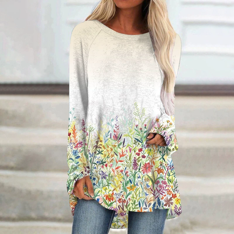 AliExpress Amazon весна и осень 3D цифровое женское платье с круглым вырезом и цветочным узором с длинным рукавом свободное