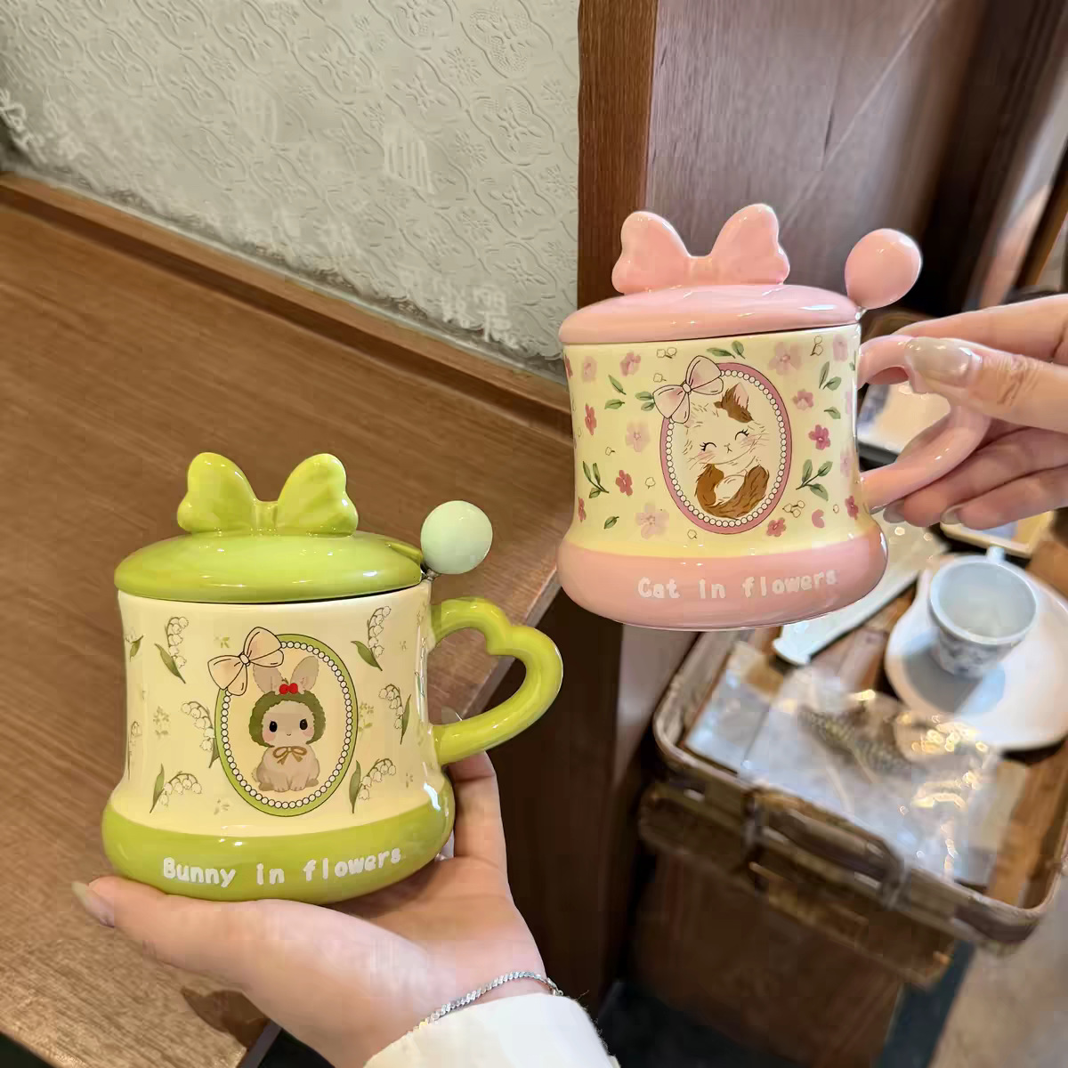 높은 용모치 여학생 물컵 도자기 머그컵 뚜껑 숟가락 가정용 예쁜 물컵 사