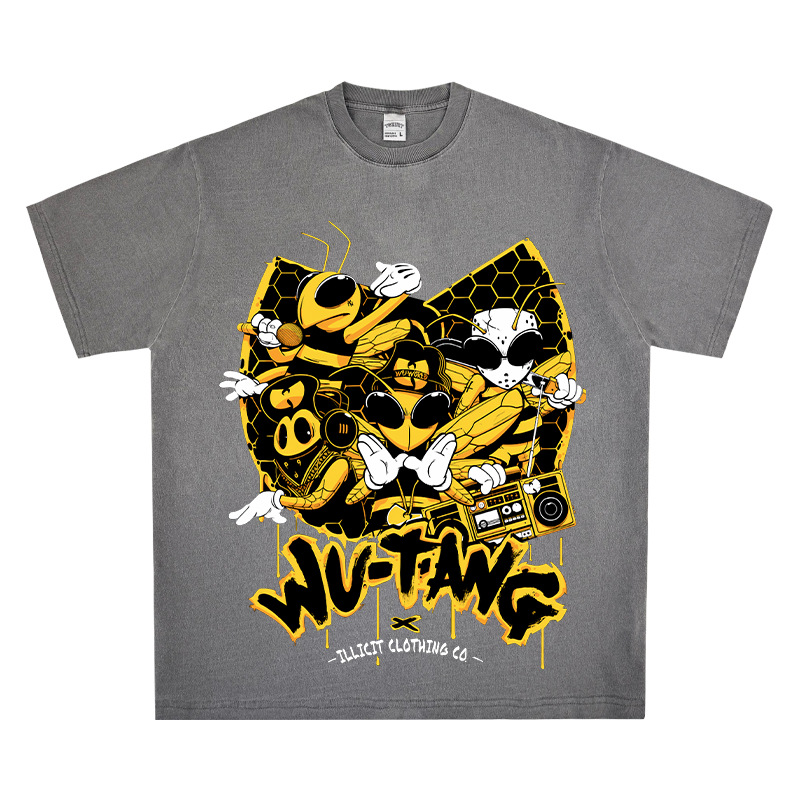 Wu-tang camiseta de manga corta retro americana con estampado lavado y desgastado suéter con capucha y cuello redondo suelto de algodón pesado