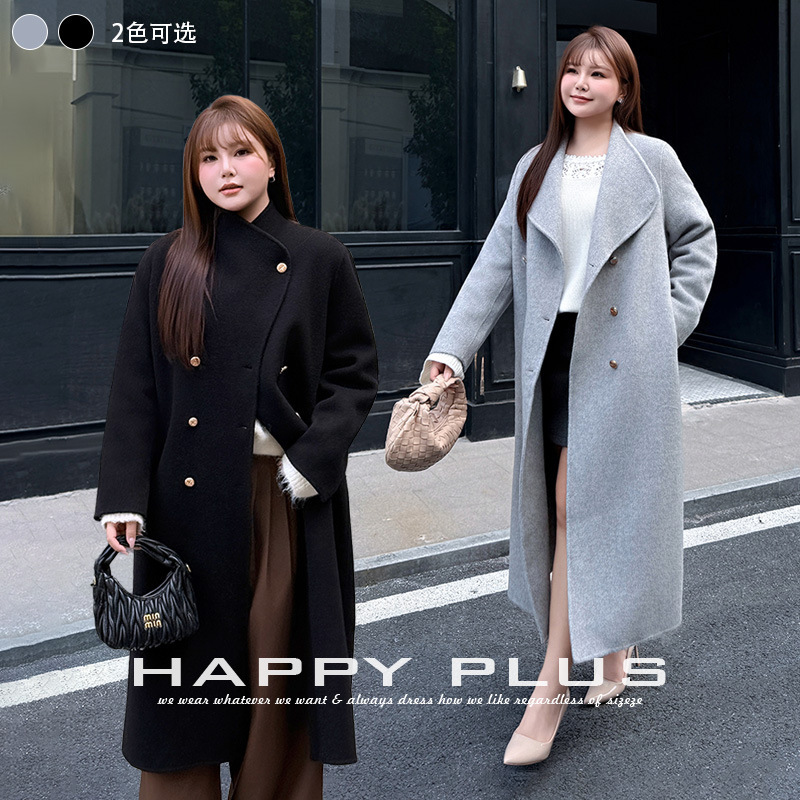 Runqi Plus Size Simple Luxury Commuter Wool Double-Sided Coat with Gold Buttons and Turn-Down Collar 9428 Regular Shoulder Loose Fit Mid-Length 70% Wool