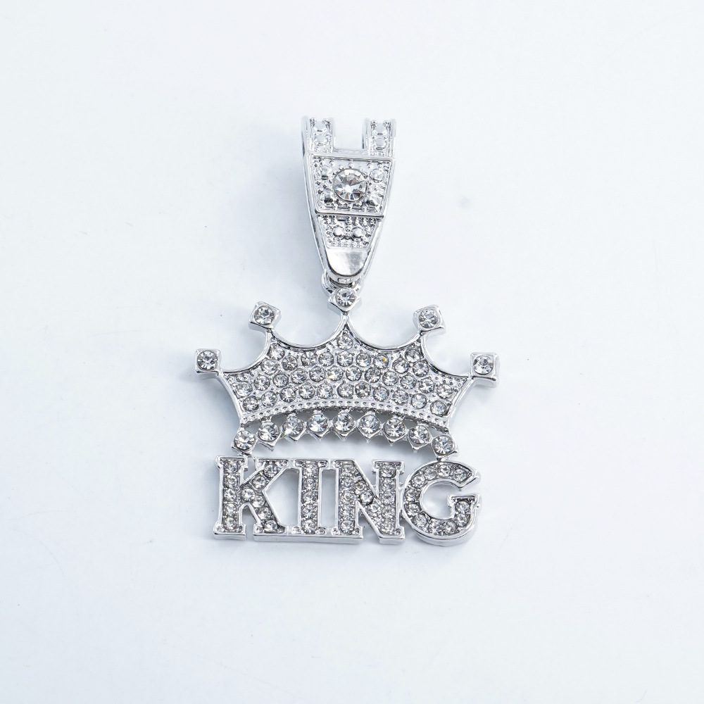 Collar con colgante de corona de rey con letras de diamantes completos, creativo y superventas transfronterizo, estilo hip-hop, con cadena cubana de aleación y pedrería.