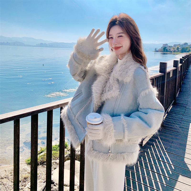 Light Blue Imitation Fur Lamb Plush Fur All-In-One Jacket for Women Winter Motorcycle Jacket Suede Cotton Jacket Hot Style