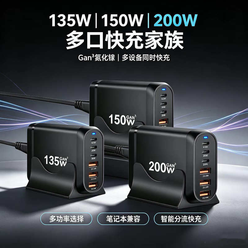 135W multi-port desktop charger, 150W GaN charger, 200W high-power laptop and mobile phone fast charger