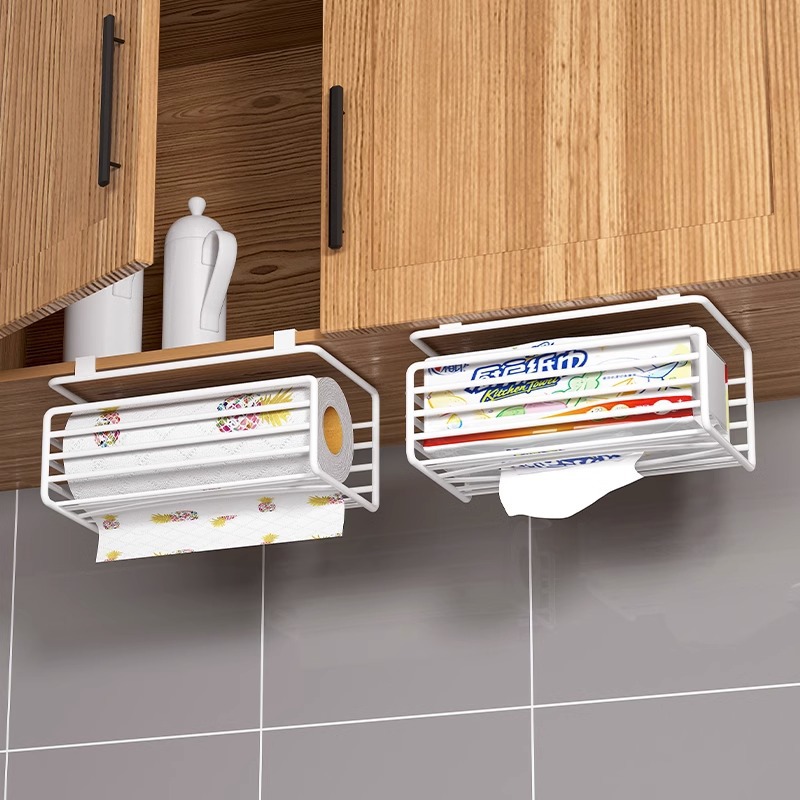 Kitchen Paper Towel Holder Without Punching Holes Under The Cabinet Hanging Rack Multi-functional Wet Wipes Roll Paper Storage Rack Under The Table Paper Box Shelf