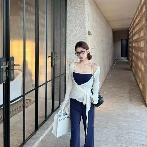 韩系辣妹秋季新款挂脖吊带长袖交叉上衣休闲裤绑带开衫套装三件套|undefined