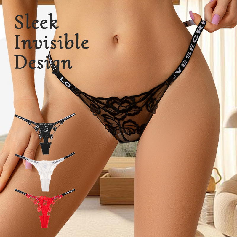 Foreign Trade Temu Lace Thong Transparent Mesh Embroidered T-Back Thin Strap Seamless Low-Rise Panties for Women with Pure Cotton Crotch