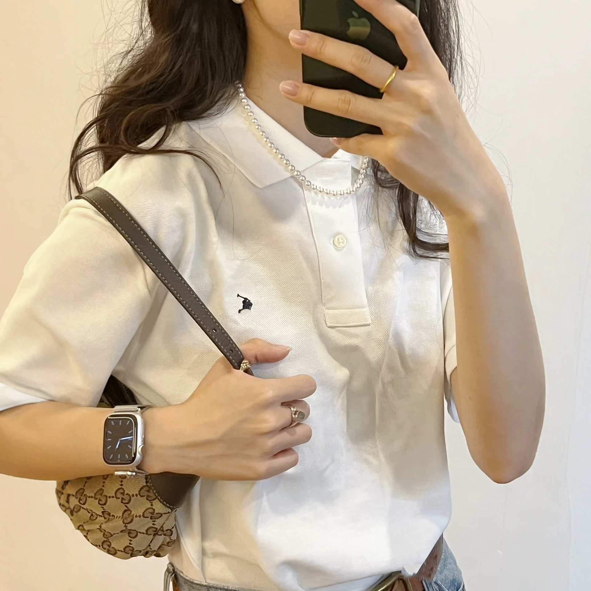 Scan-to-read RL Ruff two-button polo shirt with pony embroidery, simple, lightweight, breathable, versatile short-sleeved everyday women's top.