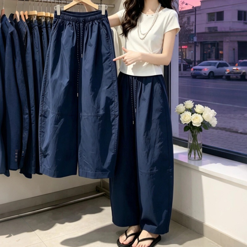 Relaxed Fit High-Waisted Drawstring Curved-Leg Pants for Women, Summer 2026 New Style, Loose, Slimming, Draped, Plus-Size Casual Pants Relaxed Fit High-Waisted Drawstring Curved-Leg Pants for Women, Summer 2026 New Style, Loose, Slimming, Draped, Plus-Size Casual Pants