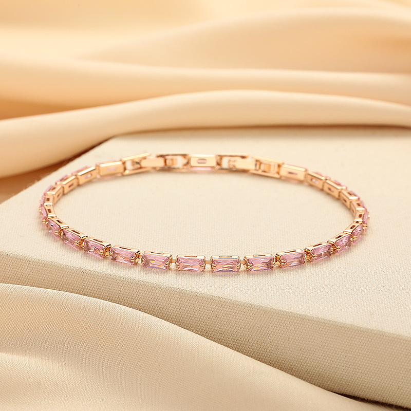 Rectangular Pink Bracelet for Women, Full of Light Luxury, Simple and Versatile, White Niche Zircon, Fashionable and High-End Hand Jewelry