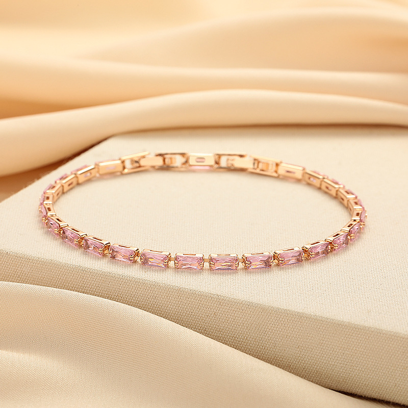 Rectangular Pink Bracelet for Women, Full of Light Luxury, Simple and Versatile, White Niche Zircon, Fashionable and High-End Hand Jewelry