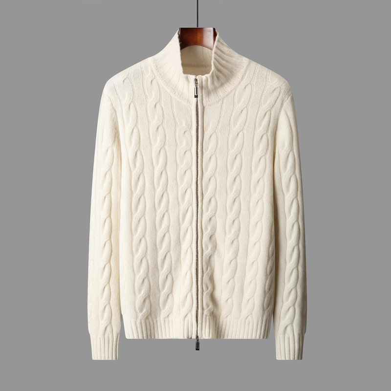Autumn and Winter New Men's 100 Pure Wool Sweater Warm Twist Zipper Cardigan Knitted Pure Color Versatile Jacket