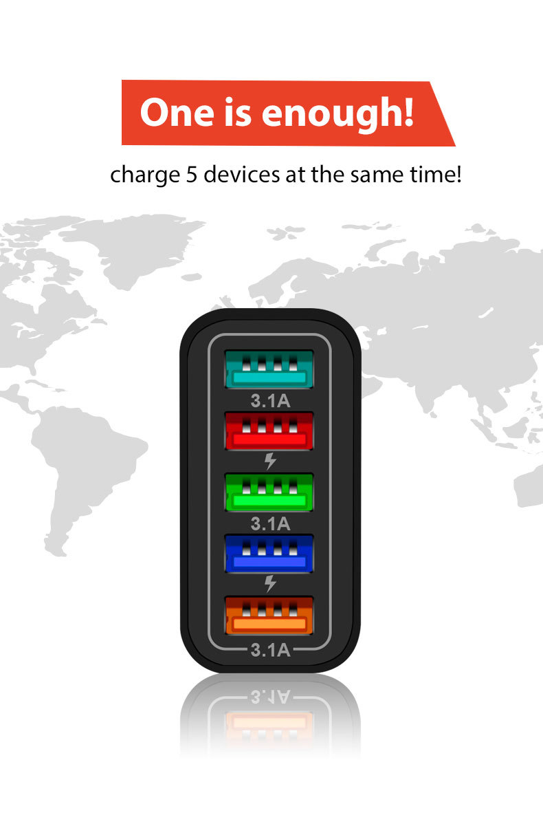 Novo carregador rápido de celular 5USB 5.1A com múltiplas portas, adaptador de viagem padrão americano, europeu e britânico, cabeça de carregamento_voghion.com