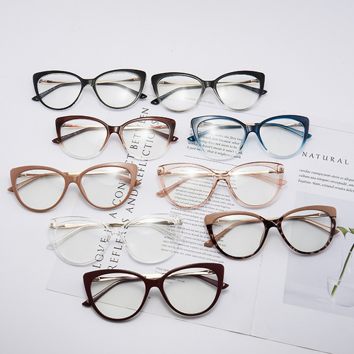  New Retro Trendy Women's Metal Anti-Blue Light Glasses Frame Ultra-Light Fashion Personalized Cat Eye Color Changing Flat Mirrors