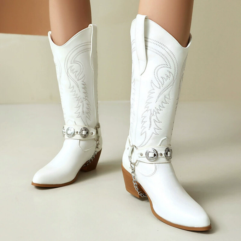 Цепная вышивка западные сапоги внешней торговли осень новый европейский и американский стиль с острыми наконечными каблуками на высоком каблуке женские сапоги