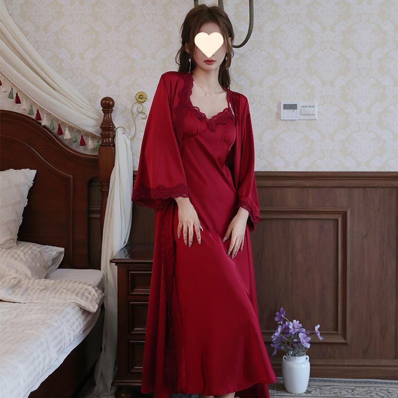 高级感冰丝绸长款睡裙女夏法式复古薄款仿真丝吊带裙睡袍套装春秋|undefined