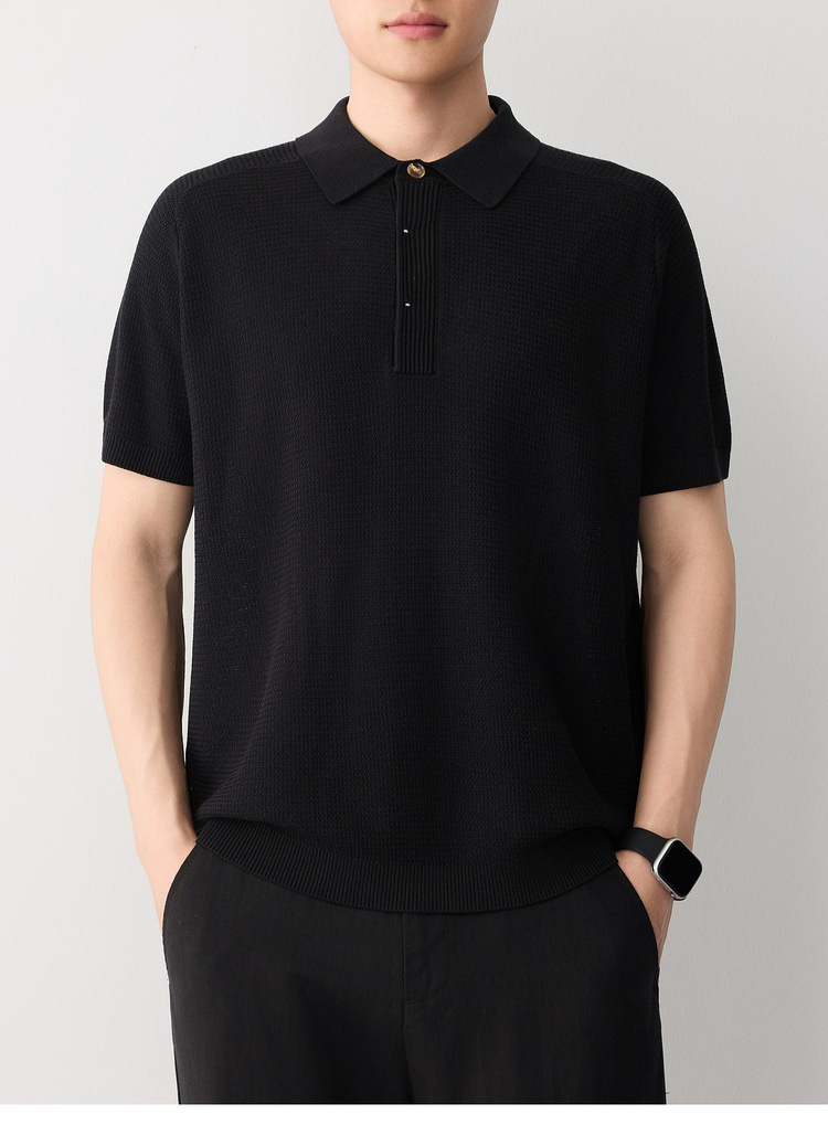Áo polo nam tay ngắn phong cách cổ điển chất liệu linen pha — đen chi tiết 18