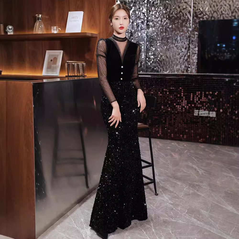 Nuevo Vestido de Noche Negro 2025 con Estilo Elegante, Ideal para Banquetes, Estilo Sirena, Vestido para Actuaciones Vocales, Manga Larga, Apto para Anfitrionas, con un Temperamento Refinado.