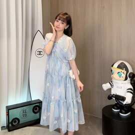 孕期穿搭孕妇装夏季碎花洋气中长款短袖连衣裙图片蓝色其他