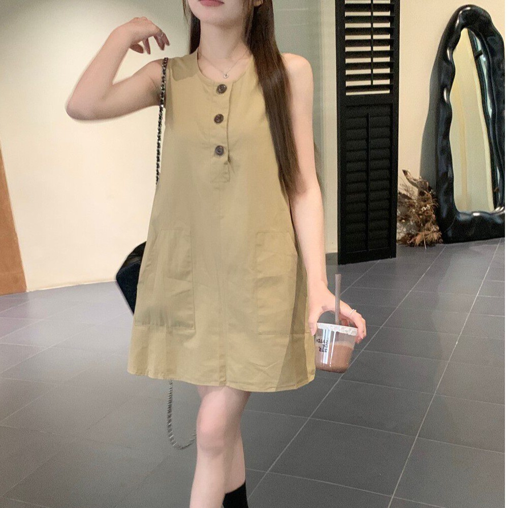 Retro Sleeveless Vest Dress for Women, Summer Khaki Round Neck Dress, Loose Fit, Slimming A-Line Short Dress for Petite Figures