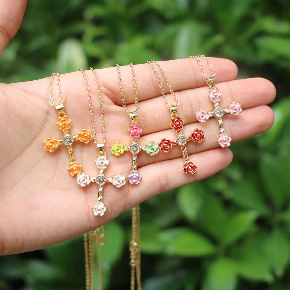 Fashion Flower Cross Color Drop Oil Versatile Copper Necklace display picture 2