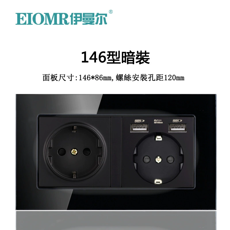 Dual European socket panel 16A, dual USB charging, multiple finishes (German/French, glass/metal)