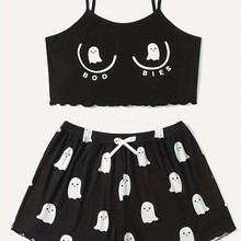 万圣节速卖通时尚幽灵卡通印花女士睡衣短裤套装女