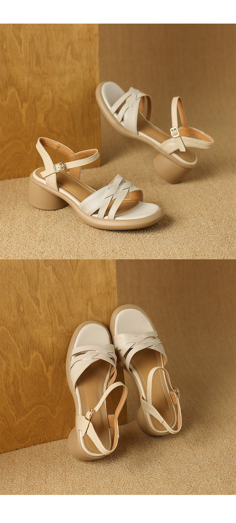 Sandal nữ quai ngang hở mũi da cừu đế dày gót thô 7 cm — Màu trắng be chi tiết 18