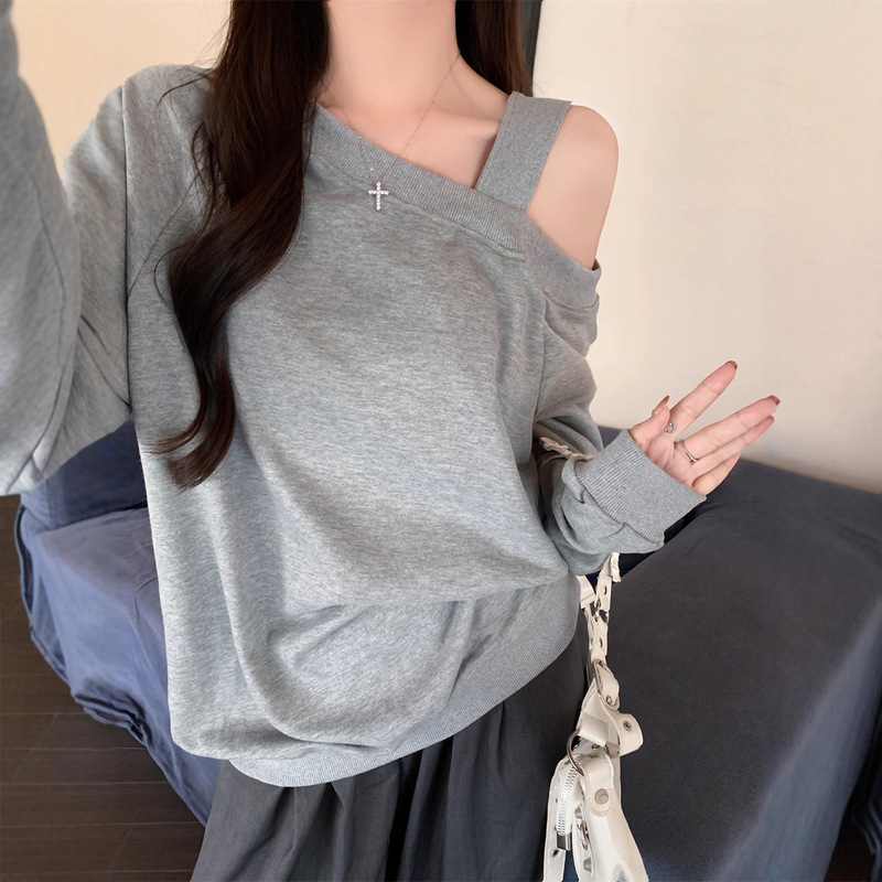 欧美风纯色实拍华棉复合宽松卫衣女斜肩一字领露肩秋冬装|undefined
