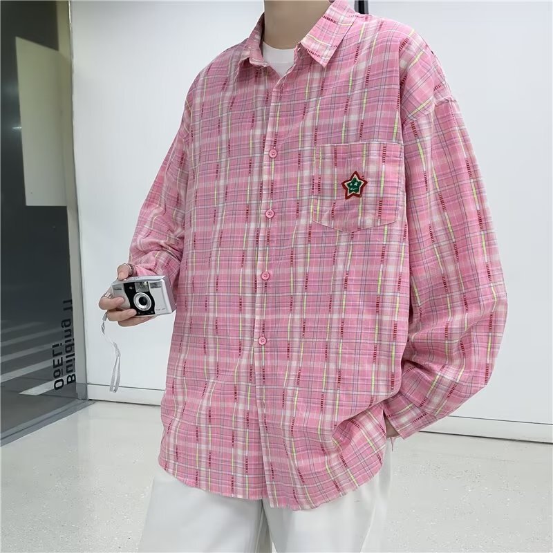 Pink Plaid Shirt for Men 2026 Spring and Autumn High-End Design Long-Sleeve Shirt Japanese Style Sunshine Couple Outfit Jacket