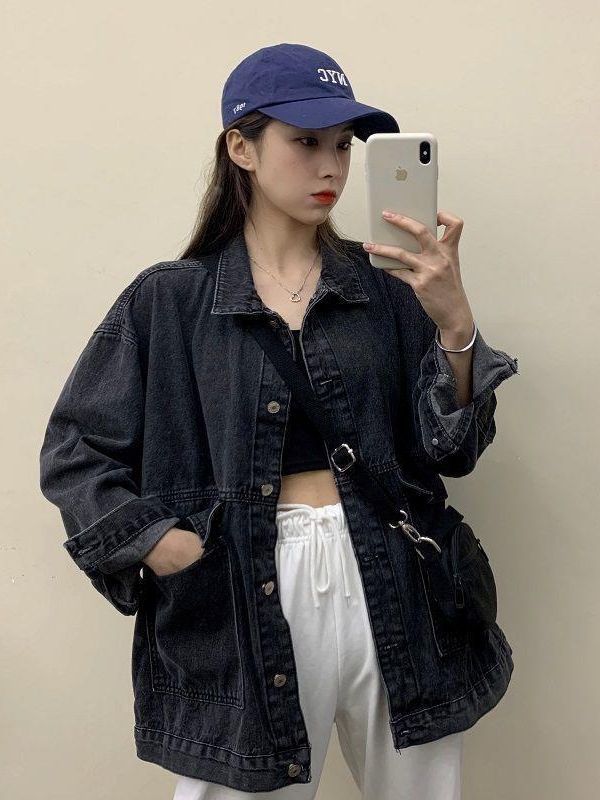 Abrigo de mezclilla para estudiantes mujeres primavera y otoño estilo coreano nuevo abrigo suelto BF versátil Bolsillo grande medio-longitud ropa de trabajo superior