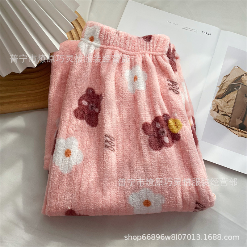 Pantalones de pijama de franela de coral de dibujos animados, pantalones de pijama de hombre, pantalones de invierno de otoño de mujer, pantalones caseros